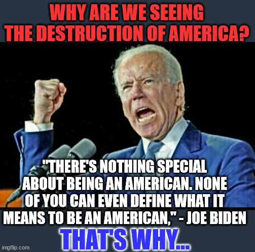 Why are we seeing the destruction of America? | WHY ARE WE SEEING THE DESTRUCTION OF AMERICA? "THERE'S NOTHING SPECIAL ABOUT BEING AN AMERICAN. NONE OF YOU CAN EVEN DEFINE WHAT IT MEANS TO BE AN AMERICAN," - JOE BIDEN; THAT'S WHY... | image tagged in joe biden dictator,america,destruction | made w/ Imgflip meme maker