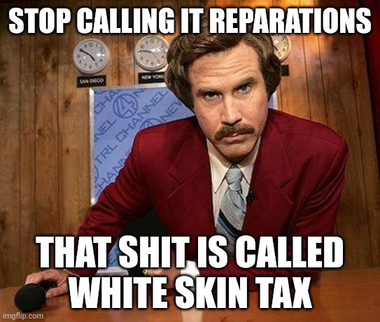 Keep an eye on those paystubs. | STOP CALLING IT REPARATIONS; THAT SHIT IS CALLED
WHITE SKIN TAX | image tagged in ron burgundy | made w/ Imgflip meme maker