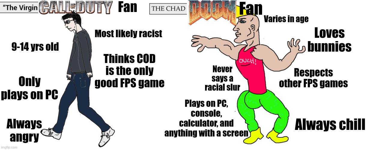 Be like a DOOM fan | Fan; Fan; Varies in age; Most likely racist; Loves bunnies; 9-14 yrs old; Thinks COD is the only good FPS game; Respects other FPS games; Never says a racial slur; Only plays on PC; Plays on PC, console, calculator, and anything with a screen; Always chill; Always angry | image tagged in virgin and chad,memes,gaming,doom,call of duty,chad | made w/ Imgflip meme maker