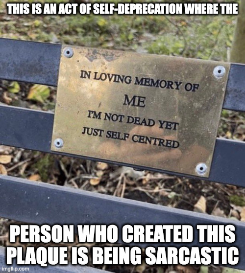 Self-Deprecating Plaque | THIS IS AN ACT OF SELF-DEPRECATION WHERE THE; PERSON WHO CREATED THIS PLAQUE IS BEING SARCASTIC | image tagged in bench,memes | made w/ Imgflip meme maker