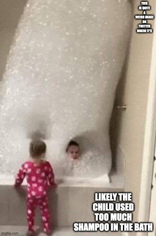 Bath Image on Twitter | THIS IS QUITE A WEIRD IMAGE ON TWITTER WHERE IT'S; LIKELY THE CHILD USED TOO MUCH SHAMPOO IN THE BATH | image tagged in bathrooms,memes | made w/ Imgflip meme maker