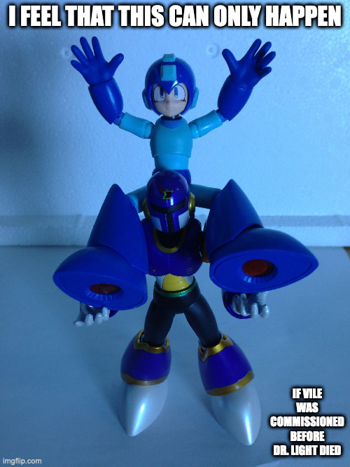 Vile Holding Mega Man | I FEEL THAT THIS CAN ONLY HAPPEN; IF VILE WAS COMMISSIONED BEFORE DR. LIGHT DIED | image tagged in megaman,vile,megaman x,memes | made w/ Imgflip meme maker