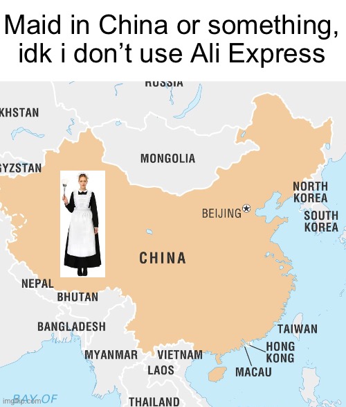 Maid in China or something, idk i don’t use Ali Express | image tagged in made in china | made w/ Imgflip meme maker