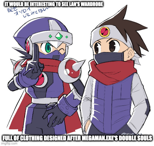 Lan in Shadow Soul Attire | IT WOULD BE INTERESTING TO SEE LAN'S WARDROBE; FULL OF CLOTHING DESIGNED AFTER MEGAMAN.EXE'S DOUBLE SOULS | image tagged in lan hikari,megamanexe,megaman,megaman battle network,memes | made w/ Imgflip meme maker