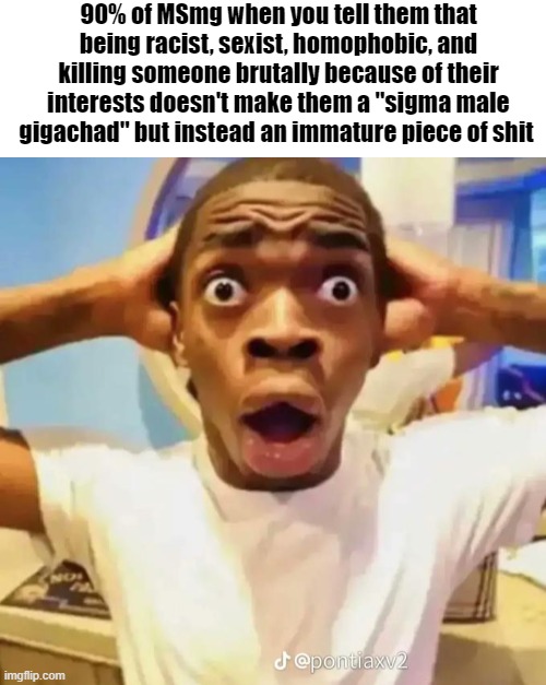 90% of MSmg when you tell them that being racist, sexist, homophobic, and killing someone brutally because of their interests doesn't make them a "sigma male gigachad" but instead an immature piece of shit | image tagged in blank white template,shocked black guy | made w/ Imgflip meme maker
