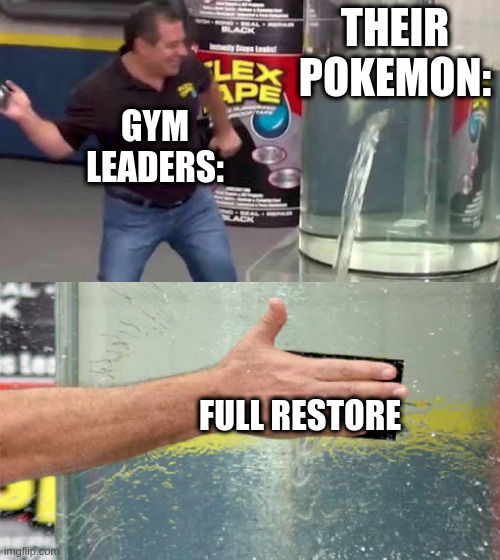 Help :') | THEIR POKEMON:; GYM LEADERS:; FULL RESTORE | image tagged in flex tape | made w/ Imgflip meme maker