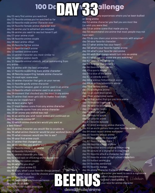 100 day anime challenge | DAY 33; BEERUS | image tagged in 100 day anime challenge | made w/ Imgflip meme maker