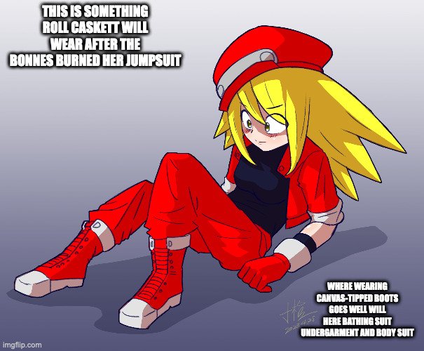 Roll Caskett Alternative Attire | THIS IS SOMETHING ROLL CASKETT WILL WEAR AFTER THE BONNES BURNED HER JUMPSUIT; WHERE WEARING CANVAS-TIPPED BOOTS GOES WELL WILL HERE BATHING SUIT UNDERGARMENT AND BODY SUIT | image tagged in roll caskett,megaman,megaman legends,memes | made w/ Imgflip meme maker