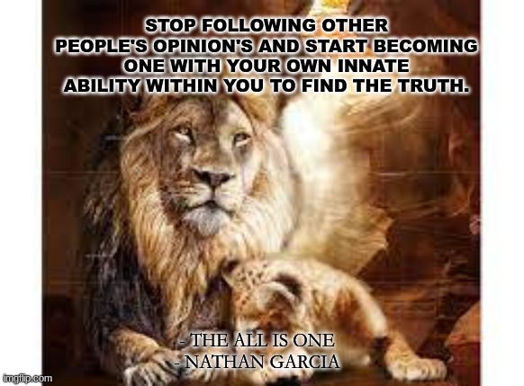 STOP FOLLOWING OTHER PEOPLE'S OPINION'S AND START BECOMING ONE WITH YOUR OWN INNATE ABILITY WITHIN YOU TO FIND THE TRUTH. - THE ALL IS ONE
- NATHAN GARCIA | image tagged in spirituality | made w/ Imgflip meme maker