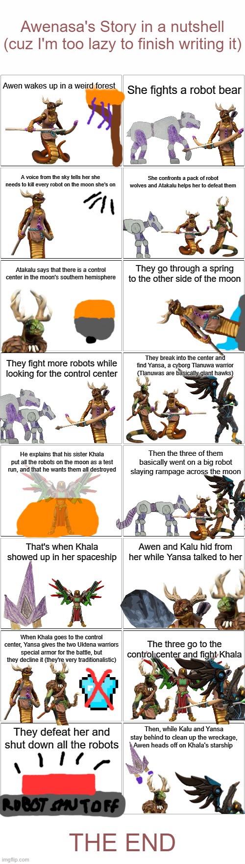 Literally all of Awenasa's lore in one comic (please don't ask me how long it took to make this) | Awenasa's Story in a nutshell
(cuz I'm too lazy to finish writing it); Awen wakes up in a weird forest; She fights a robot bear; A voice from the sky tells her she needs to kill every robot on the moon she's on; She confronts a pack of robot wolves and Atakalu helps her to defeat them; Atakalu says that there is a control center in the moon's southern hemisphere; They go through a spring to the other side of the moon; They fight more robots while looking for the control center; They break into the center and find Yansa, a cyborg Tlanuwa warrior
(Tlanuwas are basically giant hawks); He explains that his sister Khala put all the robots on the moon as a test run, and that he wants them all destroyed; Then the three of them basically went on a big robot slaying rampage across the moon; That's when Khala showed up in her spaceship; Awen and Kalu hid from her while Yansa talked to her; When Khala goes to the control center, Yansa gives the two Uktena warriors special armor for the battle, but they decline it (they're very traditionalistic); The three go to the control center and fight Khala; Then, while Kalu and Yansa stay behind to clean up the wreckage, Awen heads off on Khala's starship; They defeat her and shut down all the robots; THE END | image tagged in blank comic panel 2x8 | made w/ Imgflip meme maker
