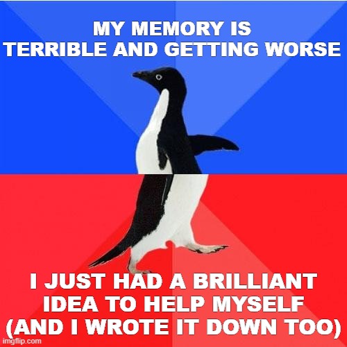 Socially Awkward Awesome Penguin | MY MEMORY IS TERRIBLE AND GETTING WORSE; I JUST HAD A BRILLIANT IDEA TO HELP MYSELF (AND I WROTE IT DOWN TOO) | image tagged in memes,socially awkward awesome penguin | made w/ Imgflip meme maker