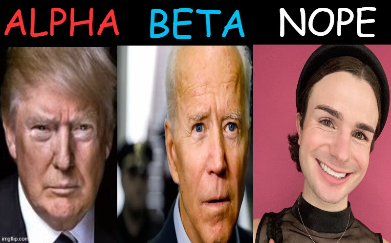 Now Three Categories? | ALPHA; NOPE; BETA | image tagged in politics,donald trump,joe biden,dylan mulvaney,alpha beta,political humor | made w/ Imgflip meme maker