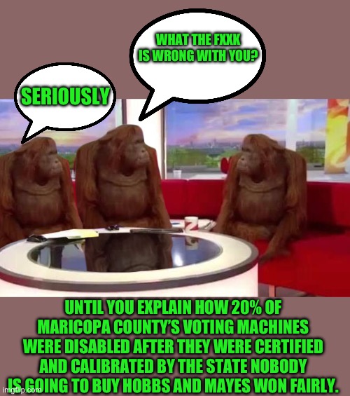 yep | WHAT THE FXXK IS WRONG WITH YOU? SERIOUSLY; UNTIL YOU EXPLAIN HOW 20% OF MARICOPA COUNTY’S VOTING MACHINES WERE DISABLED AFTER THEY WERE CERTIFIED AND CALIBRATED BY THE STATE NOBODY IS GOING TO BUY HOBBS AND MAYES WON FAIRLY. | image tagged in where monkey | made w/ Imgflip meme maker