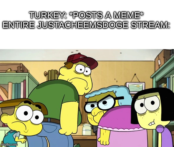 Blank Stare | TURKEY: *POSTS A MEME*
ENTIRE JUSTACHEEMSDOGE STREAM: | image tagged in blank stare,turkey | made w/ Imgflip meme maker