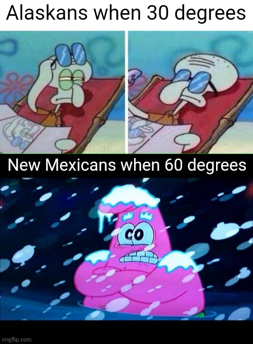 Meme #1,066 | Alaskans when 30 degrees; New Mexicans when 60 degrees | image tagged in squidward sunbathing,i'm so cold that i'm shivering,alaska,mexico,hot,cold | made w/ Imgflip meme maker