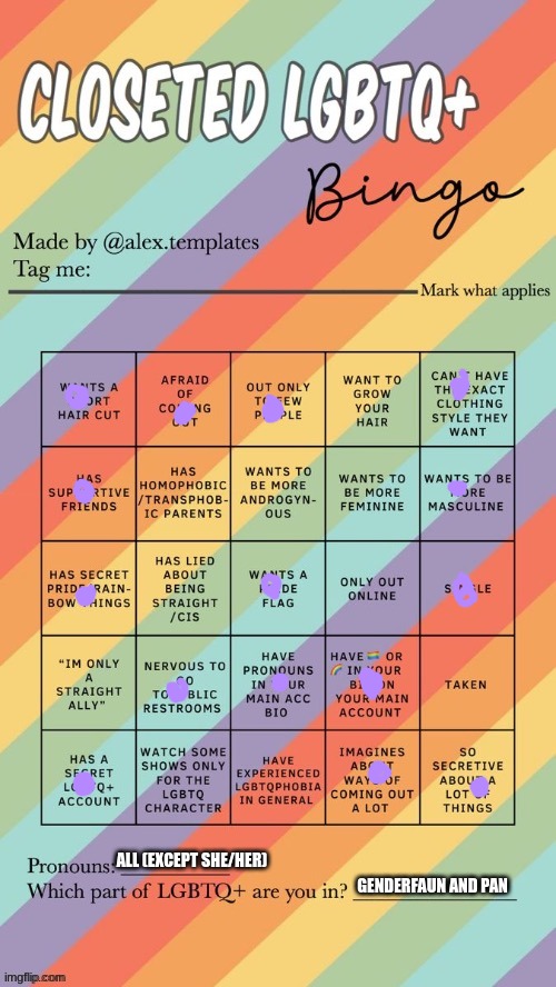 Closeted LGBTQ+ Bingo | ALL (EXCEPT SHE/HER); GENDERFAUN AND PAN | image tagged in closeted lgbtq bingo | made w/ Imgflip meme maker