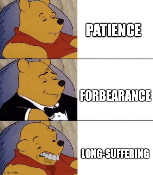 Galatians 5:22-23 | PATIENCE; FORBEARANCE; LONG-SUFFERING | image tagged in whinnie the poo normal fancy gross,bible verse | made w/ Imgflip meme maker