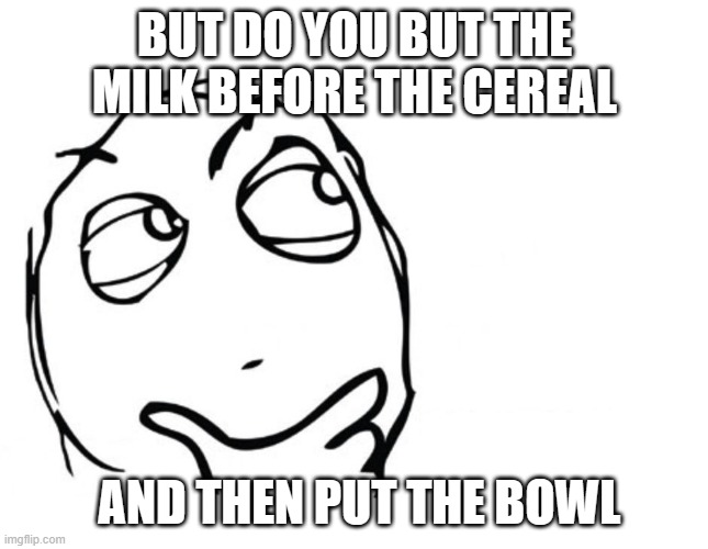 hmmm | BUT DO YOU BUT THE MILK BEFORE THE CEREAL AND THEN PUT THE BOWL | image tagged in hmmm | made w/ Imgflip meme maker