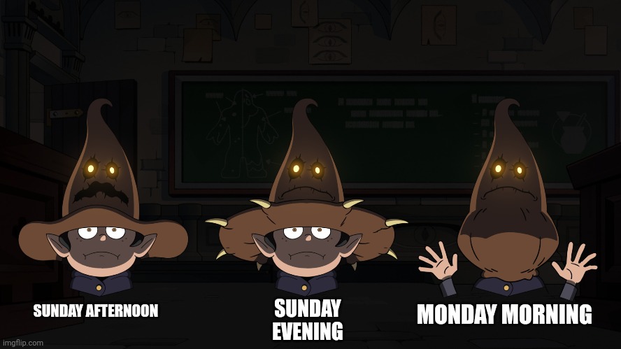 What it's like waking up on Monday morning | SUNDAY AFTERNOON; MONDAY MORNING; SUNDAY EVENING | image tagged in mondays,memes | made w/ Imgflip meme maker