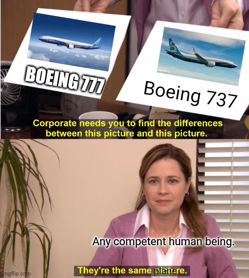 They're The Same Picture | BOEING 777; Boeing 737; Any competent human being. plane | image tagged in memes,they're the same picture | made w/ Imgflip meme maker