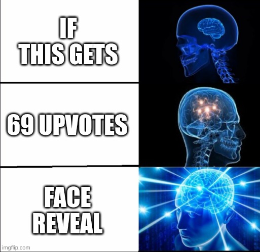 views not upvotes | IF THIS GETS; 69 UPVOTES; FACE REVEAL | image tagged in galaxy brain 3 brains | made w/ Imgflip meme maker