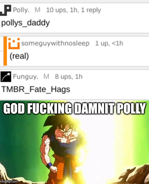 My new username for a month: TBMR_GB_Pollys_Daddy (Fuсk) | GOD FUСKING DАMNIT POLLY | image tagged in angry goku | made w/ Imgflip meme maker