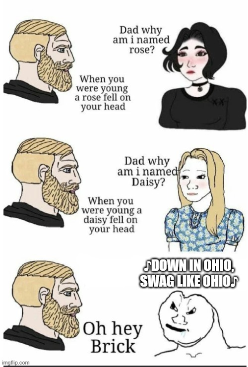 oh hey brick | ♪DOWN IN OHIO, SWAG LIKE OHIO♪ | image tagged in oh hey brick | made w/ Imgflip meme maker