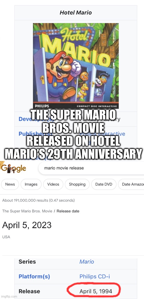 I just found that out today | THE SUPER MARIO BROS. MOVIE RELEASED ON HOTEL MARIO’S 29TH ANNIVERSARY | made w/ Imgflip meme maker