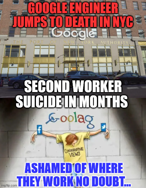 I wonder if he was pushed... | GOOGLE ENGINEER JUMPS TO DEATH IN NYC; SECOND WORKER SUICIDE IN MONTHS; ASHAMED OF WHERE THEY WORK NO DOUBT... | image tagged in google,suicide | made w/ Imgflip meme maker