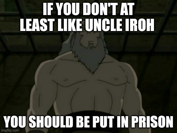 Uncle Iroh | IF YOU DON'T AT LEAST LIKE UNCLE IROH; YOU SHOULD BE PUT IN PRISON | image tagged in uncle iroh | made w/ Imgflip meme maker