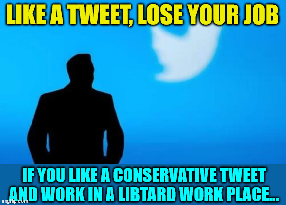 You can get fired for liking something they don't want you to like... | LIKE A TWEET, LOSE YOUR JOB; IF YOU LIKE A CONSERVATIVE TWEET AND WORK IN A LIBTARD WORK PLACE... | image tagged in libtard,logic | made w/ Imgflip meme maker