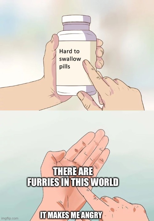 furrys= bad | THERE ARE FURRIES IN THIS WORLD; IT MAKES ME ANGRY | image tagged in memes,hard to swallow pills | made w/ Imgflip meme maker