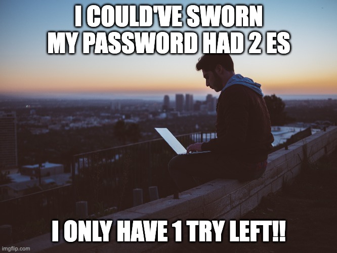 I COULD'VE SWORN MY PASSWORD HAD 2 ES; I ONLY HAVE 1 TRY LEFT!! | made w/ Imgflip meme maker