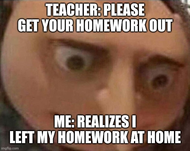gru meme | TEACHER: PLEASE GET YOUR HOMEWORK OUT; ME: REALIZES I LEFT MY HOMEWORK AT HOME | image tagged in gru meme | made w/ Imgflip meme maker