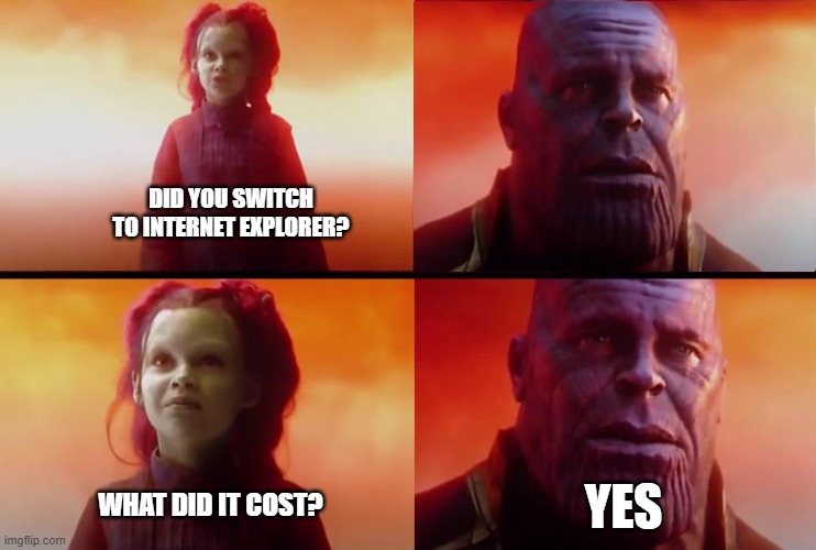 thanos what did it cost | DID YOU SWITCH TO INTERNET EXPLORER? YES; WHAT DID IT COST? | image tagged in thanos what did it cost | made w/ Imgflip meme maker