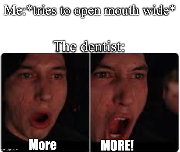 * insert joke here * | Me:*tries to open mouth wide*; The dentist: | image tagged in kylo ren more | made w/ Imgflip meme maker