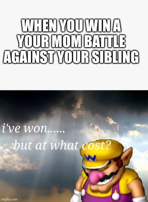 Totally wasn’t me | WHEN YOU WIN A YOUR MOM BATTLE AGAINST YOUR SIBLING | image tagged in i've won but at what cost | made w/ Imgflip meme maker
