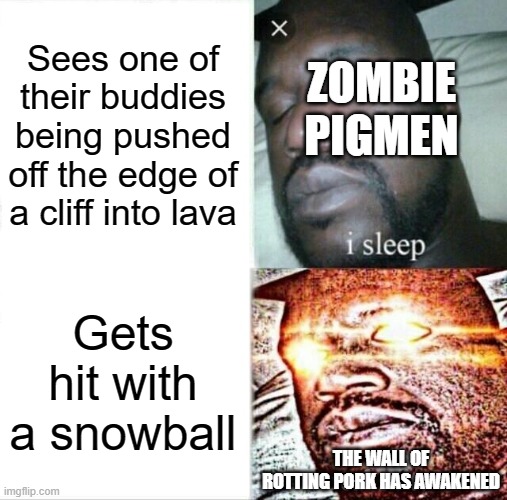 Sleeping Shaq Meme | Sees one of their buddies being pushed off the edge of a cliff into lava; ZOMBIE PIGMEN; Gets hit with a snowball; THE WALL OF ROTTING PORK HAS AWAKENED | image tagged in memes,sleeping shaq | made w/ Imgflip meme maker