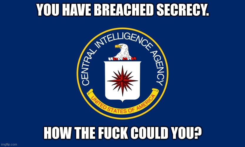 Central Intelligence Agency CIA | YOU HAVE BREACHED SECRECY. HOW THE FUCK COULD YOU? | image tagged in central intelligence agency cia | made w/ Imgflip meme maker