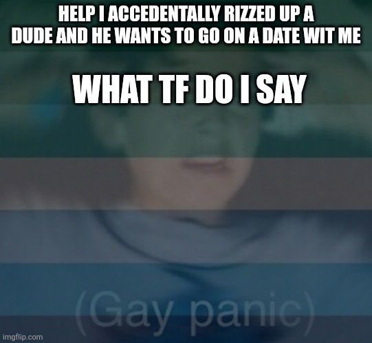 dont date men (yes) | HELP I ACCEDENTALLY RIZZED UP A DUDE AND HE WANTS TO GO ON A DATE WIT ME; WHAT TF DO I SAY | image tagged in gay panik | made w/ Imgflip meme maker