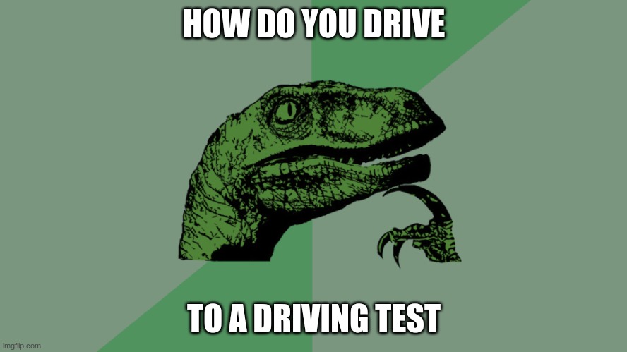 Philosophy Dinosaur | HOW DO YOU DRIVE; TO A DRIVING TEST | image tagged in philosophy dinosaur | made w/ Imgflip meme maker