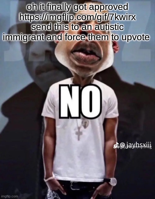 No | oh it finally got approved
https://imgflip.com/gif/7kwirx
send this to an autistic immigrant and force them to upvote | image tagged in no | made w/ Imgflip meme maker
