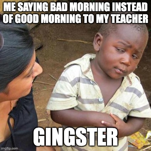 Third World Skeptical Kid Meme | ME SAYING BAD MORNING INSTEAD OF GOOD MORNING TO MY TEACHER; GINGSTER | image tagged in memes,third world skeptical kid | made w/ Imgflip meme maker