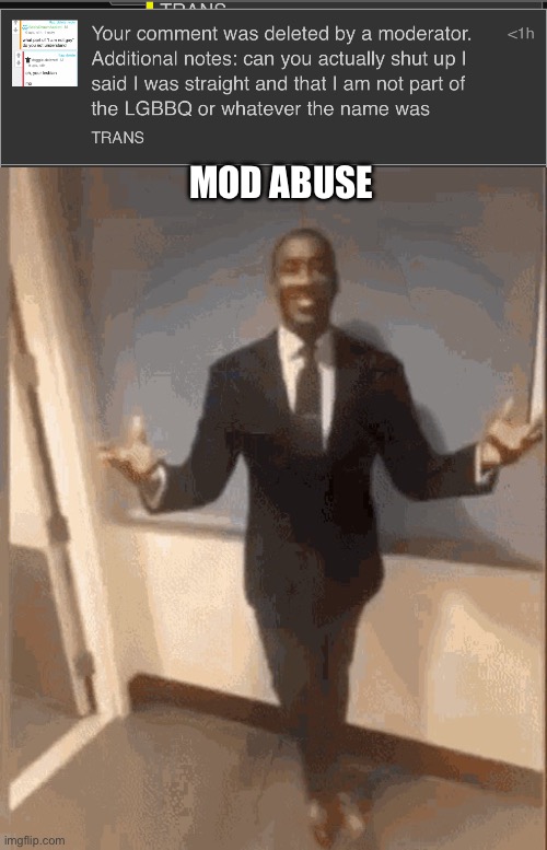 MOD ABUSE | image tagged in smiling black guy in suit | made w/ Imgflip meme maker
