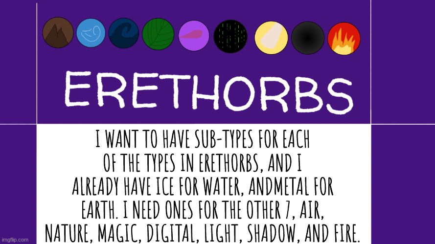Erethorbs Sub-types | I WANT TO HAVE SUB-TYPES FOR EACH OF THE TYPES IN ERETHORBS, AND I ALREADY HAVE ICE FOR WATER, ANDMETAL FOR EARTH. I NEED ONES FOR THE OTHER 7, AIR, NATURE, MAGIC, DIGITAL, LIGHT, SHADOW, AND FIRE. | image tagged in erethorbs | made w/ Imgflip meme maker