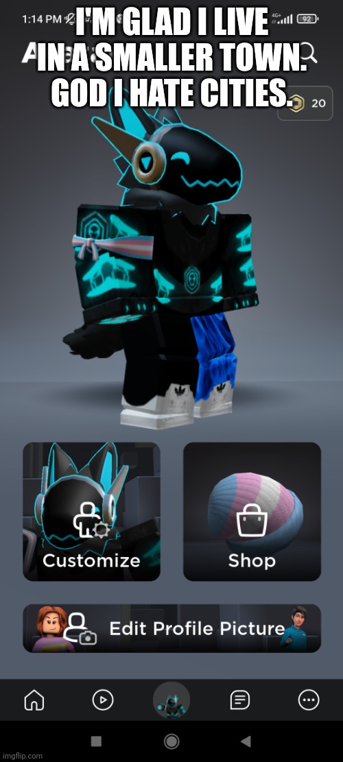 The toaster 2.0 | I'M GLAD I LIVE IN A SMALLER TOWN. GOD I HATE CITIES. | image tagged in the toaster 2 0 | made w/ Imgflip meme maker