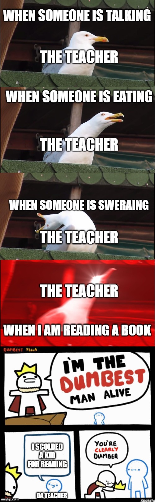 WHEN SOMEONE IS TALKING; THE TEACHER; WHEN SOMEONE IS EATING; THE TEACHER; WHEN SOMEONE IS SWERAING; THE TEACHER; THE TEACHER; WHEN I AM READING A BOOK; I SCOLDED A KID FOR READING; DA TEACHER | image tagged in memes,inhaling seagull,i'm the dumbest man alive | made w/ Imgflip meme maker