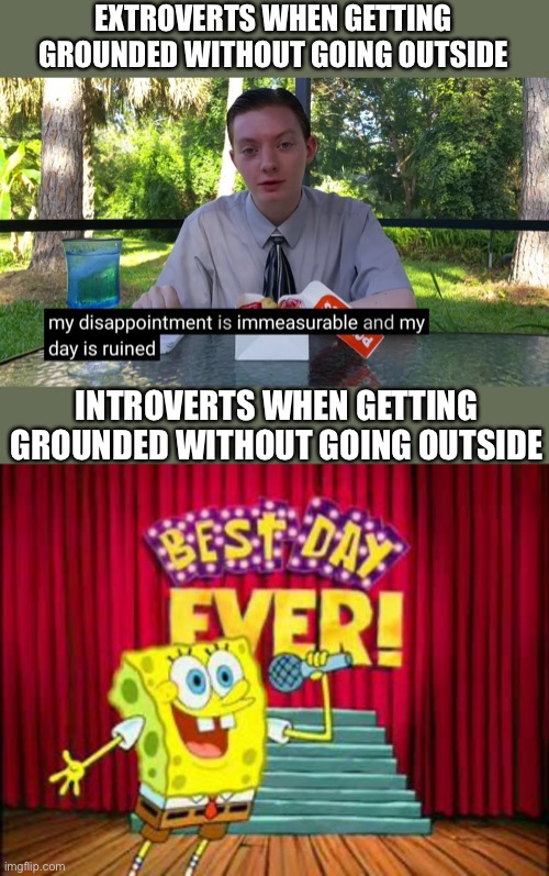 EXTROVERTS WHEN GETTING GROUNDED WITHOUT GOING OUTSIDE; INTROVERTS WHEN GETTING GROUNDED WITHOUT GOING OUTSIDE | image tagged in my disappointment is immeasurable,its the best day ever,memes,funny | made w/ Imgflip meme maker