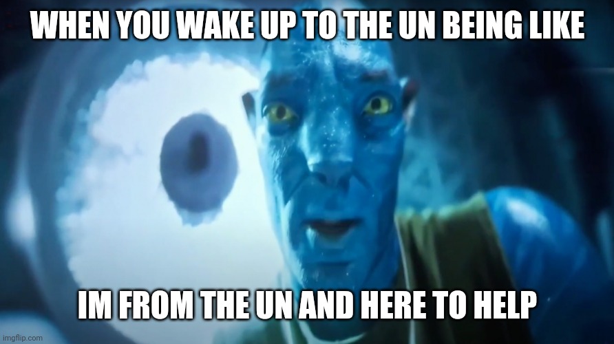 Staring Avatar Guy | WHEN YOU WAKE UP TO THE UN BEING LIKE; IM FROM THE UN AND HERE TO HELP | image tagged in staring avatar guy | made w/ Imgflip meme maker