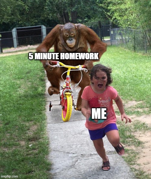 low effort meme | 5 MINUTE HOMEWORK; ME | image tagged in orangutan chasing girl on a tricycle | made w/ Imgflip meme maker